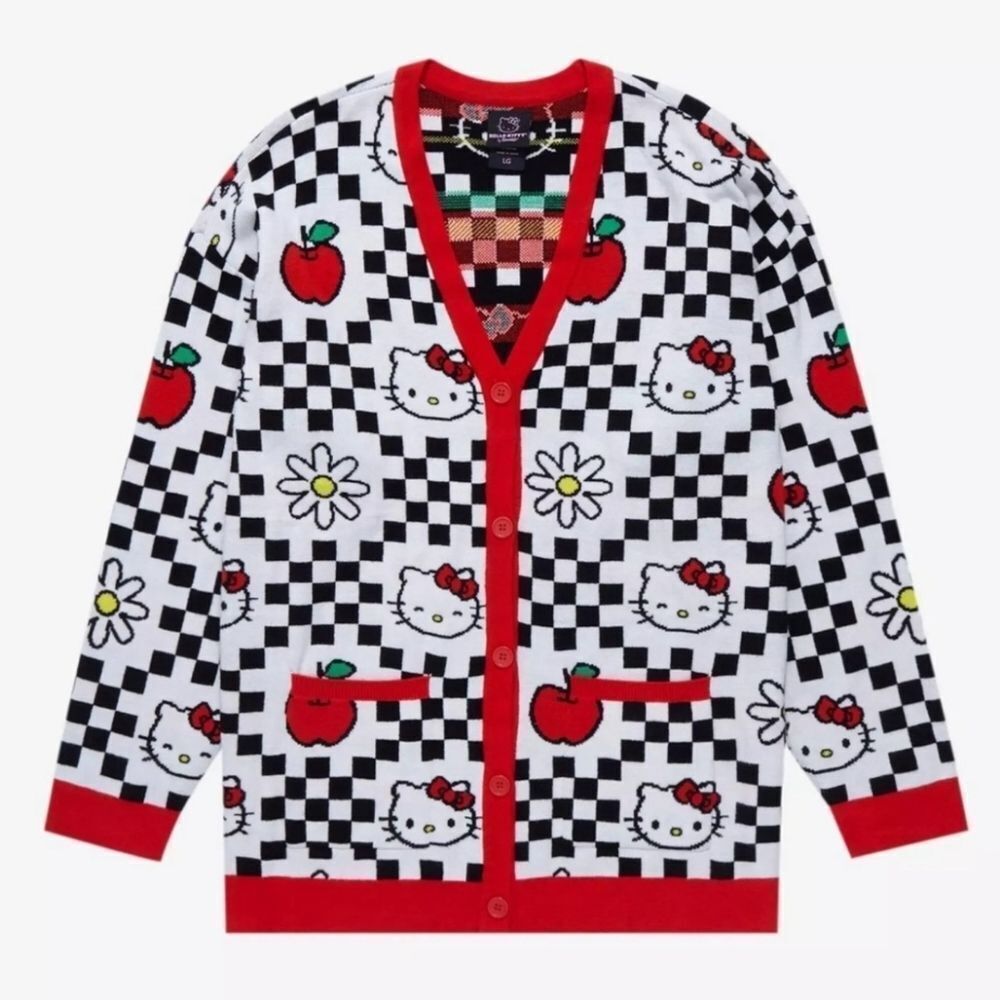 Hello Kitty Red & Black Checkered Apple & Daisies Cardigan